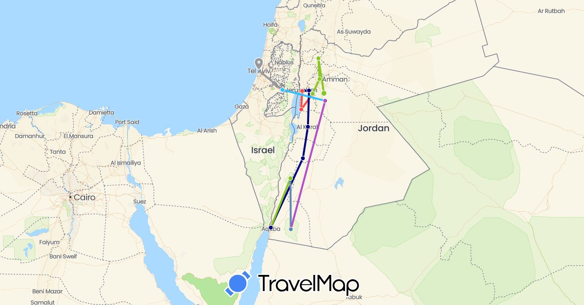 TravelMap itinerary: driving, plane, cycling, train, hiking, boat, electric vehicle in Israel, Jordan (Asia)
